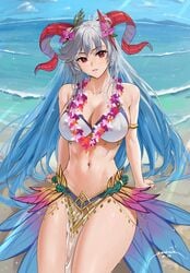 1girls alternate_costume armlet bangs bare_shoulders beach bikini blue_hair breasts cleavage collarbone commentary covered_nipples curled_horns dated english_commentary eyebrows_visible_through_hair female fire_emblem fire_emblem_heroes flower flower_necklace freyja_(fire_emblem) freyja_(summer)_(fire_emblem) gradient_hair grey_hair hair_flower hair_ornament head_tilt highres horns jewelry large_breasts long_hair looking_at_viewer multicolored_hair navel necklace nintendo ocean pelvic_curtain red_eyes red_horns sendrawz signature sitting smile solo stomach swimsuit very_long_hair water white_bikini white_swimsuit