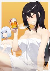 2girls beer black_hair breasts date_a_live female_only kusakabe_ryoku(character) light-skinned_female thighs tobiichi_origami towel white_hair