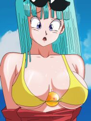 1girls aqua_hair blue_eyes blue_hair dragon_ball dragon_ball_z female female_focus fringe maron object_between_breasts salvamakoto seductive_look solo_focus tagme