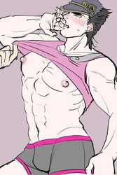 black_hair blush erect_nipples hard_nipples jojo's_bizarre_adventure jotaro_kujo male_nipples male_only muscular muscular_male nipples offscreen_male shirt_lift shirt_up solo solo_male stardust_crusaders swollen_nipples underwear