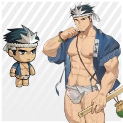 1boy abs absurdres bara bare_pectorals beads bulge character_request chibi cowboy_shot da_thach ero_condo facial_hair fundoshi goatee_stubble hachimaki hairy half-erect happi headband highres japanese_clothes kienbiu large_pectorals male_focus male_only muscular muscular_male navel navel_hair nipples official_alternate_costume paid_reward_available pectorals penis penis_peek see-through short_hair simple_background solo sparse_arm_hair sparse_chest_hair sparse_leg_hair standing stomach stubble thick_eyebrows thick_navel_hair thick_thighs thighs wet wet_clothes wet_fundoshi