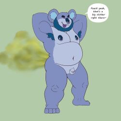 absurd_res anthro facial_piercing fart fart_cloud fart_fetish flaccid furry genitals hi_res koala looking_pleasured male mammal marsupial nipple_piercing nipple_ring nipples nose_piercing nose_ring overweight penis piercing ring_piercing scentedbunns small_penis solo speech_bubble vombatiform