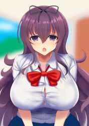 absurdres badge black_ribbon blue_skirt blurry blurry_background bow bowtie breasts bursting_breasts button_gap door female hair_ribbon highres huge_breasts impossible_clothes indoors long_hair looking_at_viewer loose_bowtie murasaki_(senran_kagura) ninimu-home open_mouth painting_(object) pleated_skirt purple_eyes purple_hair red_bow red_bowtie ribbon school_uniform senran_kagura shirt skirt solo very_long_hair white_shirt