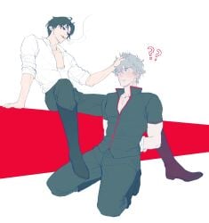 2boys ? ?? arms_behind_back black_hair blush boots bound cigarette domination eye_contact fully_clothed gay gintama gintoki_sakata hand_on_another's_head hijikata_toshiro kneeling looking_at_another male male_only omodongmodong pale-skinned_male pale_skin popped_collar restrained sitting sleeves_rolled_up smoking submissive toned toned_male white_hair yaoi