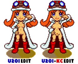 areolae blue_eyes boots breasts edit kurocharu mona_(warioware) nude_filter orange_hair partially_clothed peace_sign pixel_art pubic_hair pussy sprite_edit transparent_background u2o1 warioware:_touched!