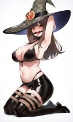 1girls ai_generated armpits bikini bondage brown_hair drooling hands_behind_head kneeling large_breasts latex_thighhighs magicman-chan magicman1410 magicwoman midriff navel open_mouth ring_gag smug_face tied_hands tongue_out witch witch_hat wizard_hat