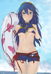 1girls alternate_costume bare_thighs bikini blue_bikini blue_eyes blue_hair blue_swimsuit clothes_lift fire_emblem fire_emblem_awakening fire_emblem_cipher flashing hair_between_eyes in2naps innertube lifted_by_self long_hair looking_at_viewer lucina_(fire_emblem) lucina_(summer)_(fire_emblem) nintendo ocean small_breasts smile solo swimsuit tiara underboob water wet