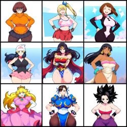 9girls ai_generated big_breasts breasts capcom caulifla chel chel_(the_road_to_el_dorado) chinese_clothes chun-li collage crossover curvy dark_skin dawn_(pokemon) dc dc_comics diana_prince dragon_ball dragon_ball_super eastern_and_western_character fairy_tail female female_only glasses hanna-barbera human large_breasts looking_at_viewer lucy_heartfilia mario_(series) mayan mullon multiple_girls my_hero_academia nintendo novelai ochako_uraraka pokemon pokemon_dppt portrait princess princess_peach scooby-doo simple_background smile street_fighter superheroine tagme the_road_to_el_dorado thick_thighs uraraka_ochako velma_dinkley wonder_woman wonder_woman_(series)