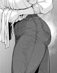 ass_focus big_ass etuzan_jakusui female jeans mature_female milf monochrome presenting_hindquarters side_view solo solo_female thick_thighs thighs tight_clothing