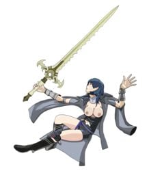 1girls absurdres against_glass ahoyden armor armored_dress bare_thighs black_boots blue_hair boots breasts breasts_against_glass breasts_on_glass breasts_out byleth_(fire_emblem) byleth_(fire_emblem)_(female) closed_eyes coat coat_on_shoulders embarrassed fire_emblem fire_emblem:_three_houses gameplay_mechanics glass heel_boots highres large_breasts medium_hair navel navel_cutout nintendo screen_ko_(super_smash_bros.) shorts solo super_smash_bros. super_smash_bros._ultimate sword sword_of_the_creator teal_hair thighs transparent_background tummy weapon