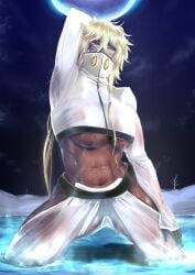 1girls abs big_breasts bleach blonde_hair dark-skinned_female gloves green_eyes looking_at_viewer looking_down mask muscles muscular_female night one_arm_up see-through soyuzu steam thick_thighs tia_harribel underboob wet_clothes