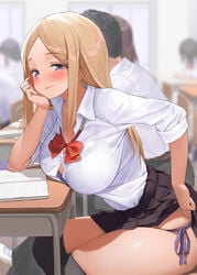 1girls big_ass big_breasts blonde_hair blush classroom flashing hand_on_chin kaisen_chuui looking_at_viewer naughty_face panties presenting_hindquarters public purple_eyes purple_panties school school_uniform schoolgirl seducing seductive seductive_smile side_tie_panties skirt skirt_lift stealth student teasing thick_thighs