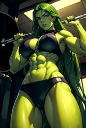 1girls abs ai_generated big_breasts bikini female female_only green_hair green_skin gym hulk_(series) jennifer_walters large_breasts marvel marvel_comics muscles muscular muscular_arms muscular_female panties she-hulk solo solo_female thick_thighs vitoryt