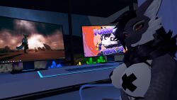 azalea_punk big_breasts breasts chest_tuft computer dragon dragon_girl female harness looking_at_viewer orange_eyes pasties purple_hair redplague4 side_view smile vrchat vrchat_avatar