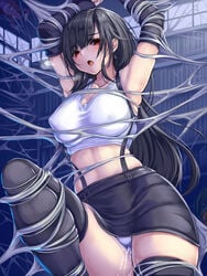 big_breasts black_hair bondage bound female female_only femsub final_fantasy final_fantasy_vii fully_clothed monikano pussy_juice revealing_clothes spider_web tifa_lockhart wet