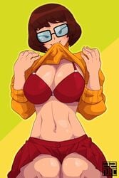 1girls artist_logo bob_cut bra breasts brown_hair busty cleavage female female_focus female_only freckles glasses hanna-barbera hourglass_figure large_breasts looking_at_viewer navel nerd nerdy_female pinup pinup_pose pose posing scooby-doo short_hair skirt solo sweater_lift tagme turtleneck velma_dinkley wide_hips zznakuu