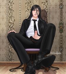 1boy adult belt black_hair blackberrygarden chair danganronpa frown izuru_kamukura looking_at_viewer male_only masturbation pattern_background precum red_eyes shadow shoes signature smooth_skin suit tie very_long_hair