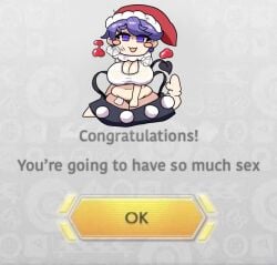 1girls big_breasts blue_eyes blue_hair breasts chubby_female cleavage congratulations costume doremy_sweet english_text fat_thighs funny light-skinned_female long_hat mario_(series) mario_kart mario_kart_8 mascot mascot_head meme notnoe_(dxcl) panties partially_clothed santa_hat solo solo_female tail text thick_thighs thighs touhou