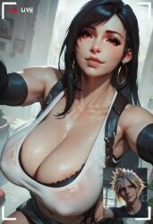 1girls ai_generated armpits big_breasts black_hair bra_visible_through_clothes breasts_visible_through_clothing cleavage cloud_strife female female_focus final_fantasy final_fantasy_vii final_fantasy_vii_remake hoop_earrings large_breasts livestream long_hair okdoggo page_1 recording red_eyes selfie stable_diffusion sweat tank_top tifa_lockhart twitter_link video_call video_game video_game_character video_games white_shirt white_tank_top