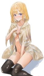 1girls closed_mouth covering_crotch embarrassed female full-face_blush hand_on_breast hololive hololive_english hololive_myth medium_breasts mostly_nude mostly_nude_female naked_robe ripped_stockings robe robe_only see-through shadow stockings virtual_youtuber watson_amelia white_background