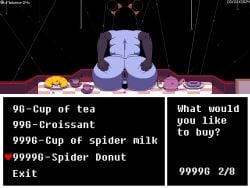 1girls 2d anus back_view bow duct_tape english_text female female_focus female_only game_ui gameplay_mechanics humanoid muffet pixel_(artwork) pixel_art presenting presenting_anus presenting_hindquarters purple_body spider_girl spider_humanoid spreading spreading_ass tagme text undertale undertale_(series) xmelomor24x