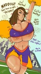 1girls areola_slip blue_eyes bonnie_rockwaller brown_hair bursting_breasts cheerleader cheerleader_uniform dialogue disney fakeryway huge_breasts kim_possible miniskirt nipple_slip pleasure_castle pom_poms sweat sweaty tanned_skin thick_thighs underboob voluptuous