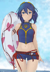 1girls alternate_costume alternate_hairstyle bare_thighs bikini blue_bikini blue_eyes blue_hair blue_swimsuit fire_emblem fire_emblem_awakening fire_emblem_cipher in2naps innertube looking_at_viewer lucina_(fire_emblem) lucina_(summer)_(fire_emblem) nintendo ocean short_hair small_breasts smile solo swimsuit tiara water wet