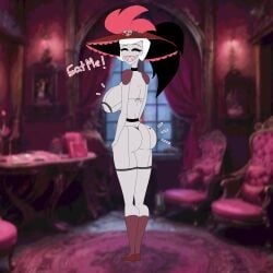 big_breasts big_penis black_eyes from_behind full_body hat hazbin_hotel lingerie pewnyart purple_skin rosie_(hazbin_hotel) showing_ass smile smiling vivienne_medrano vivziepop white_hair