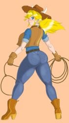 blue_eyes cowgirl_peach female huge_ass huge_breasts jeans looking_at_viewer mario_(series) png ponytail princess_peach princess_peach:_showtime! ryle_k thick_legs