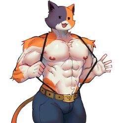 2d_(artwork) abs anthro buldge cat_tail feline fortnite furry jeans kinky looking_at_viewer male male_only meowscles_(fortnite) muscular muscular_male pecs solo solo_male suspenders