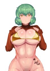 blush bra breasts commentary_request female ghgnvm green_hair hands_on_own_breasts highres hikage_(senran_kagura) korean_commentary large_breasts looking_at_viewer mixed-language_commentary muscular no_panties nose open_mouth partial_commentary senran_kagura short_hair slit_pupils solo sweater tattoo thick_thighs thighs underwear white_background yellow_eyes