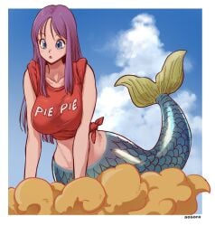 aosora big_breasts blue_eyes breasts cloud clound dragon_ball dragon_ball_z fish_tail green_tail large_breasts long_hair mermaid mermaid_(dragon_ball) mermaid_girl mermaid_position mermaid_tail open_mouth pie_pie purple_hair red_shirt scales sky