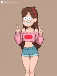 ai_generated ai_trash bare_legs bare_shoulders bare_thighs blue_jeans braces brown_hair cute gravity_falls hair_band jean_shorts jen_ai long_hair mabel_pines peace_sign pink_sweater red_hairband sexy_pose simple_background small_breasts small_waist smile solo solo_female sweater teenager teeth thick_thighs thighs