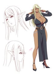 1girls 2021 alternate_costume aqua_eyes arms_up artist_name artist_signature belt belt_buckle black_belt black_footwear black_high_heels blonde_eyebrows blonde_hair breasts buckle bursting_breasts cleavage collarbone contrapposto covered_erect_nipples curvy dark-skinned_female dark_elf dark_skin ear earrings elf erect_nipples erect_nipples_under_clothes eyebrows eyebrows_behind_hair eyebrows_visible_through_hair female female_focus full_body hair_lift hair_over_breasts high_heels highres hourglass huge_breasts huge_nipples impossible_clothes jewelry legs lips lipstick long_ears long_hair long_legs long_pointy_ears long_sleeves looking_at_viewer makeup mascara monochrome multiple_views nipples nipples_visible_through_clothing no_bra no_panties original parted_lips pelvic_curtain pointy_ears puffy_nipples red_lips red_lipstick revealing_clothes shiny shiny_lips shiny_skin shirt side_slit signature simple_background sketch skimpy sleeves_rolled_up solo standing striped striped_shirt tatsunami_youtoku very_long_hair white_background white_stripes year