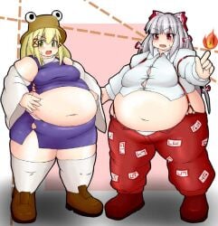 bbw belly_overhang big_belly big_female blonde_hair blush chubby chubby_female embarrassed fat fat_female fat_fetish fat_girl fat_woman fatty fujiwara_no_mokou grey_hair large_female obese obese_female overweight overweight_female plump pork_chop suwako_moriya thick_thighs touhou tubby weight_gain