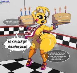 1girls ass big_ass big_breasts birthday_cake black_sclera breasts cake dialogue female female_only five_nights_at_freddy's five_nights_at_freddy's_2 high_heels huge_thighs pink_cheeks robot robot_girl solo solo_female tagme text thetyrant thighs toy_chica_(fnaf) yellow_body