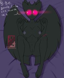 absurd_res anthro antlers anus areola ass avian bed big_breasts bird black_body blush blush_lines breasts cel_shading chari_(tleatlnox59) clitoral_hood clitoris corvid corvus_(genus) crow deer demon fangs feet female fingers fluffy_ears furniture genitals glowing glowing_eyes hi_res horn looking_up lying mammal mouthless nipples nude on_back on_bed oscine passerine pink_eyes presenting presenting_anus presenting_hindquarters presenting_pussy pupils purple_areola purple_pussy pussy raised_leg scalie shaded shy simple_background solo speech_bubble spread_wings spreading submissive succubus teeth text tleatlnox59 toes white_pupils wings