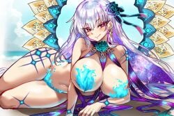 1girls breasts ebora fate/grand_order fate_(series) female hips huge_breasts kama_(fate/grand_order) kama_(swimsuit_avenger)_(fate) laying_on_side light-skinned_female light_skin long_hair massive_breasts red_eyes thick_thighs thighs white_hair wide_hips youngmanisdown