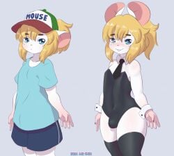 anthro blonde_hair blue_eyes blush bunnysuit erection_under_clothing femboy heart-shaped_pupils mammal_humanoid marvin_(mr-shin) mouse_boy mr-shin penis_bulge tagme