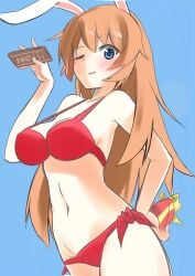 1girls animal_ears bikini blue_background blue_eyes blush breasts charlotte_e_yeager chocolate chocolate_bar cleavage collarbone female female_only heart large_breasts long_hair meiji_(brand) meiji_(chocolate) one_eye_closed open_mouth orange_hair rabbit_ears rabbit_girl red_bikini simple_background smile solo strike_witches swimsuit valentine world_witches_series yuzuyoukan