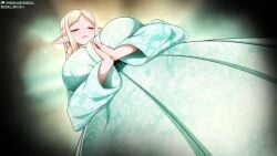 big_breasts blonde_hair blonde_hair_female braided_hair closed_eyes coill_city_(neocoill) elf_ears elf_female elysia_(neocoill) female_elf hands_together kimono large_breasts meditating meditation neocoill patreon patreon_username