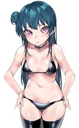 1girls bikini black_legwear blue_hair blush breasts choker hair_bun love_live! love_live!_sunshine!! medium_breasts purple_eyes shiny_skin swimsuit tem10 thighhighs tsushima_yoshiko