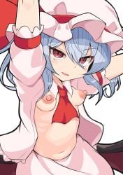 bat_wings bed_cap belly blue_hair bow breasts female hat highres mob_cap navel open_clothes open_mouth red_bow red_eyes remilia_scarlet rnt_(251139) short_hair small_breasts touhou vampire white_background wings