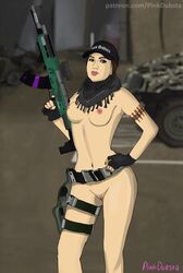 1girls baseball_cap big_breasts brown_eyes brown_hair female female_only gloves grand_theft_auto grand_theft_auto_online grand_theft_auto_v gta_online_female_character holding_weapon light_skin looking_at_viewer nude nude_female pink_dubsta scarf shaved_pussy solo tattoo weapon