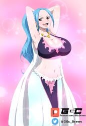 armpits arms_up blue_hair blush cleavage dress female female_only ggc grey_eyes happy huge_breasts long_hair looking_at_viewer necklace nefertari_vivi one_piece ponytail seductive seductive_body seductive_dance seductive_eyes seductive_gaze solo solo_focus uncensored