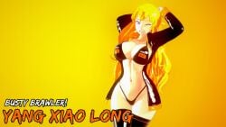 1girls 3d arms_behind_head bikini bikini_bottom bikini_top blonde_female blonde_hair grin hands_behind_head leather_jacket long_hair long_hair_female nakadashi_(artist) navel open_jacket pornhub_bra pose posing purple_eyes rwby sensual smile thong_bikini wink winking yang_xiao_long