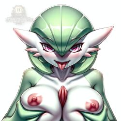 1girls ai_generated anthro breast_grab breasts drooling female female_only gardevoir halfaslime heart-shaped_pupils large_breasts nipples no_visible_genitalia pink_eyes pokémon_(species) pokemon pokemon_(species) solo tongue tongue_out upper_body