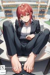 ai_generated barefoot_under_trousers bokonsfw bulge chainsaw_man dominant_female domination feet feet_focus foot_fetish foot_focus makima_(chainsaw_man) office_clothing office_lady office_sex patreon patreon_url red_hair sadistic_girl sadistic_smile suggestive suggestive_look white_skin yellow_eyes