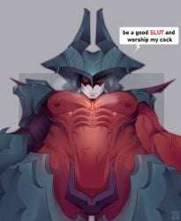 1boy aatrox abs armor bara barazoku big_balls big_penis darkin degradation demon demon_boy dominant domination erection gay league_of_legends league_of_legends:_wild_rift low-angle_view male male_nipples male_only muscle muscular muscular_male no_visible_genitalia non-human non-human_only pecs pectorals penis xennomutant