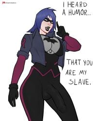 1futa black_hair bulge bulge_through_clothing character_request dialogue futanari huge_cock leinadxxx mask penis_bulge penis_outline penis_shaped_bulge purple_hair solo text umbrella_academy